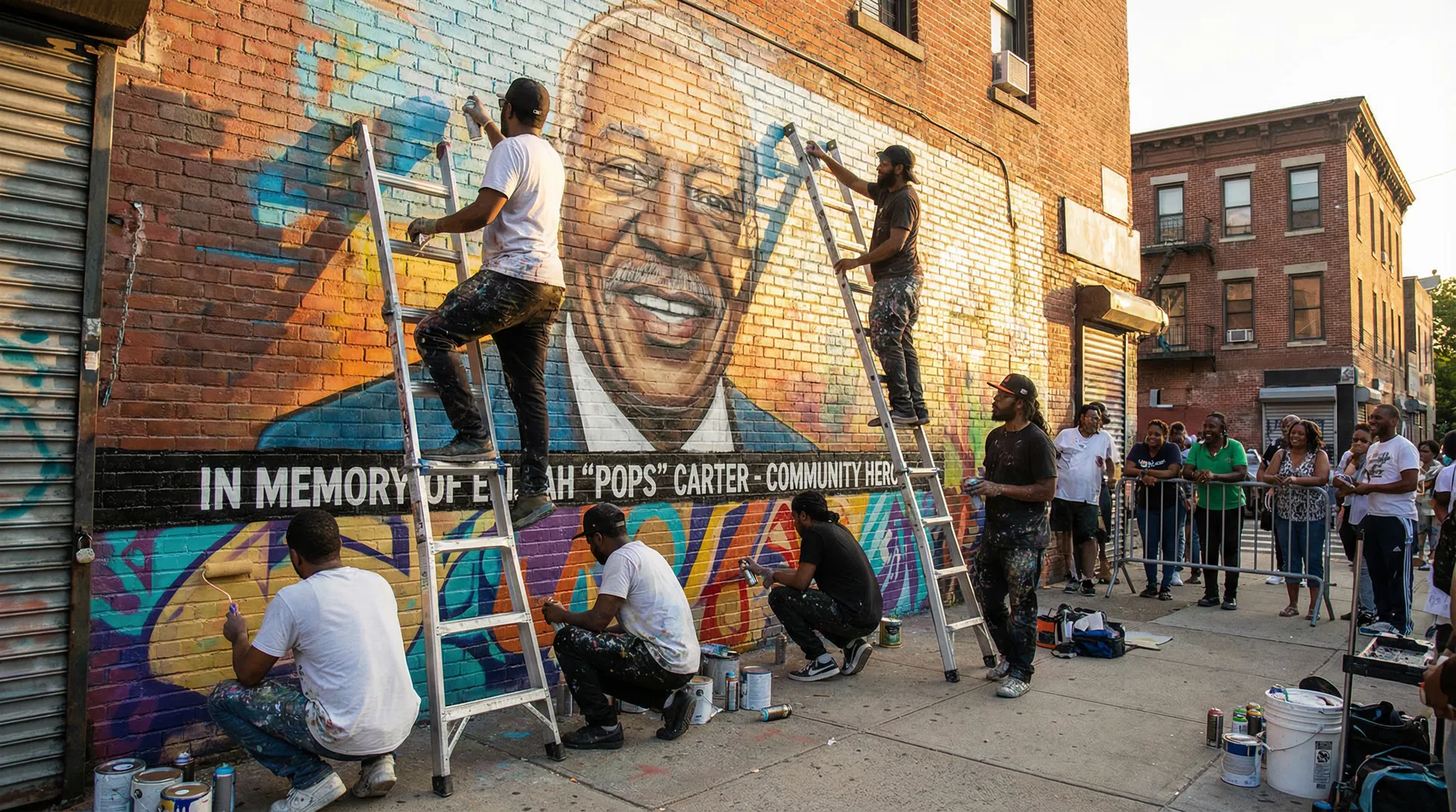 Community painting a memorial mural together