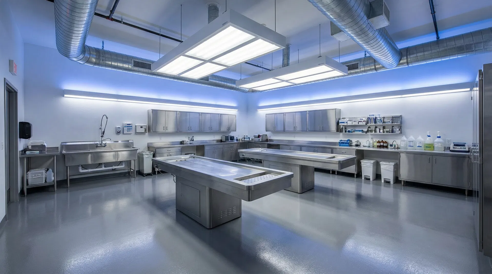 Modern embalming clean room with stainless steel equipment and surgical lighting