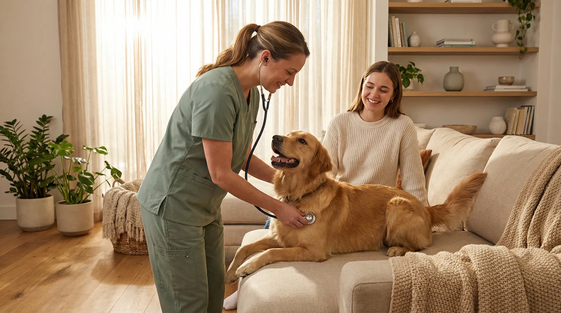 Atendimento veterinário domiciliar - veterinária cuidando de pet em casa