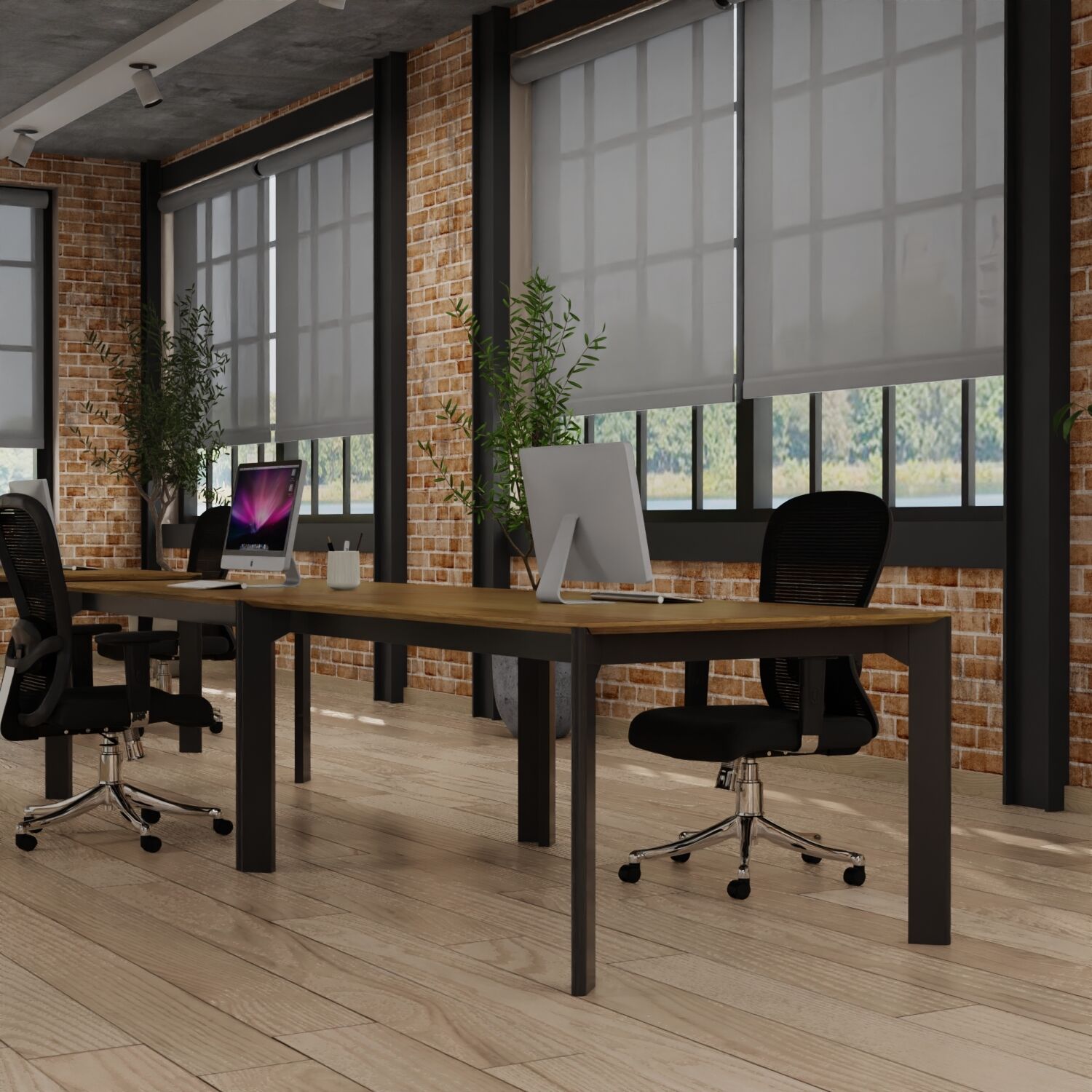 Translucent roller shades covering office windows