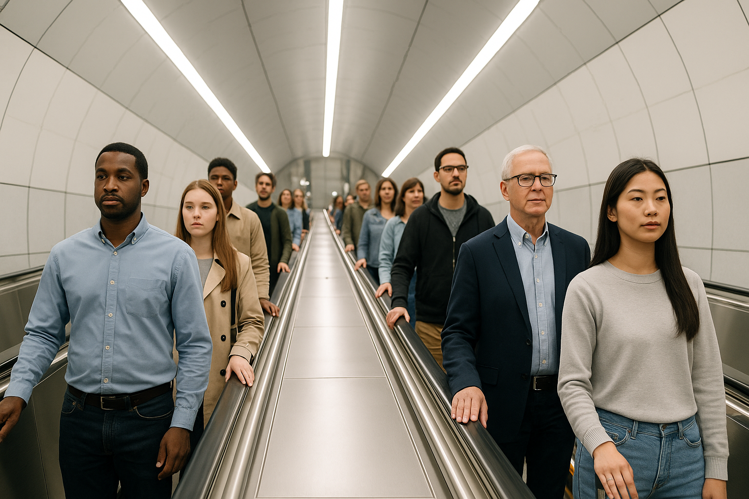 Proper escalator etiquette - people standing safely on both sides