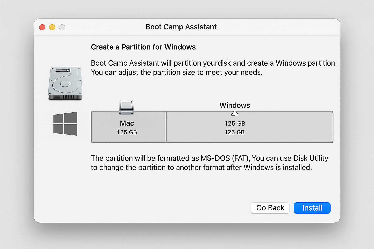 Boot Camp Assistant partition screen
