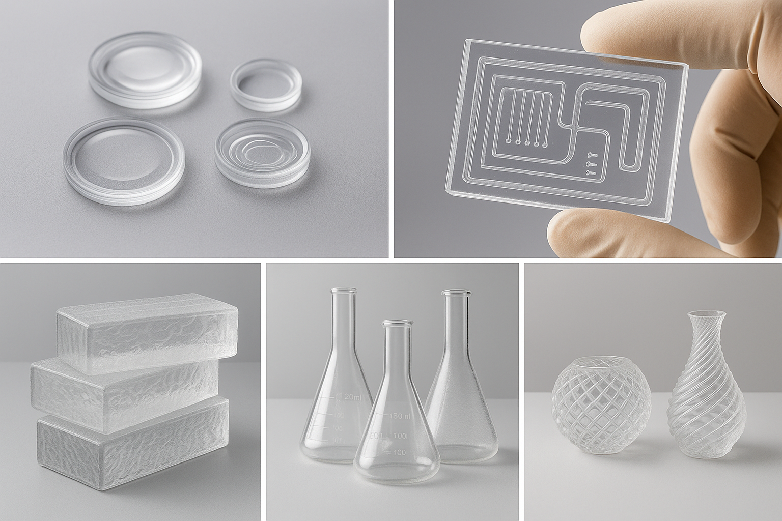 Various applications of 3D printed glass including optics, microfluidics, construction, and art