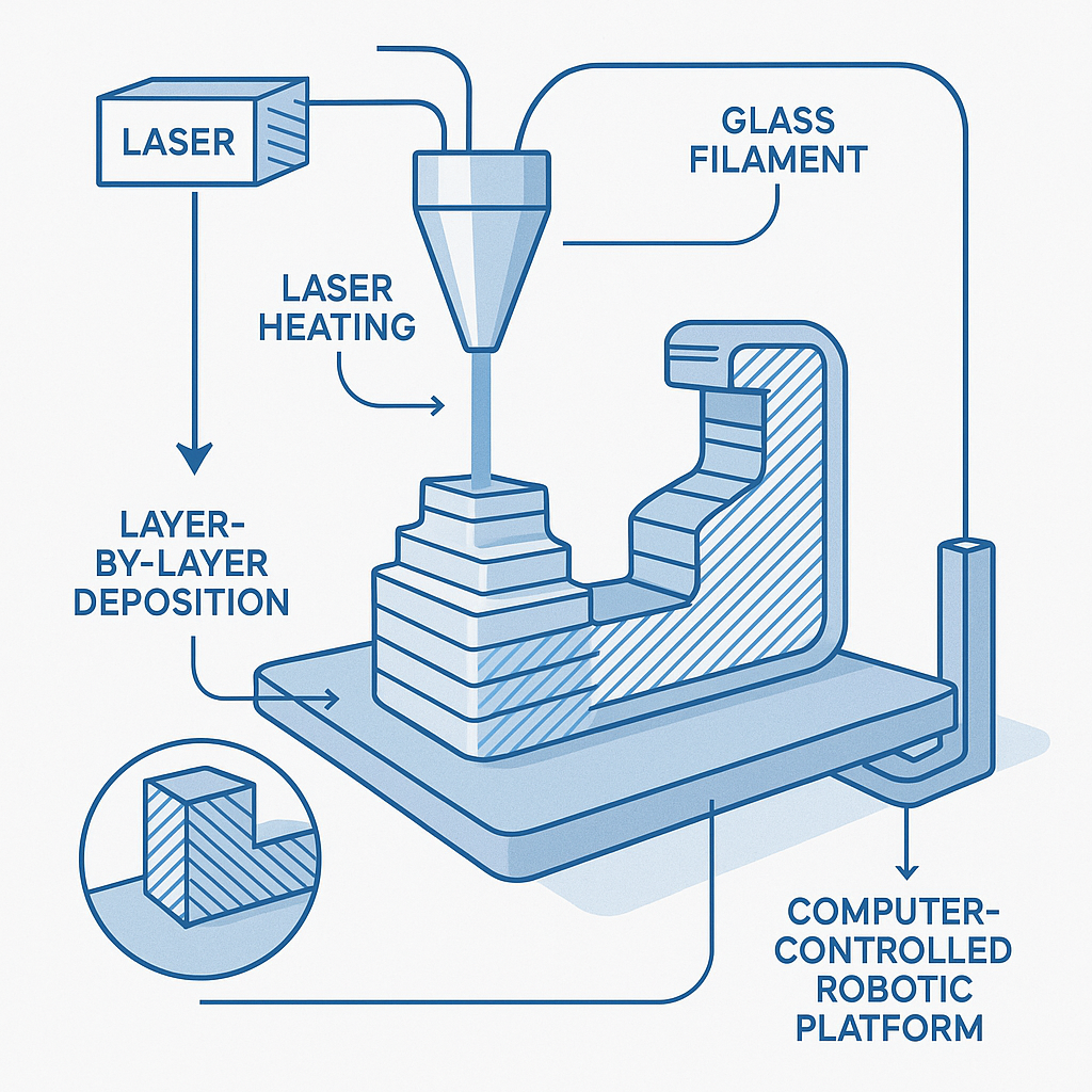 3D glass printing process diagram showing laser heating and layer-by-layer deposition