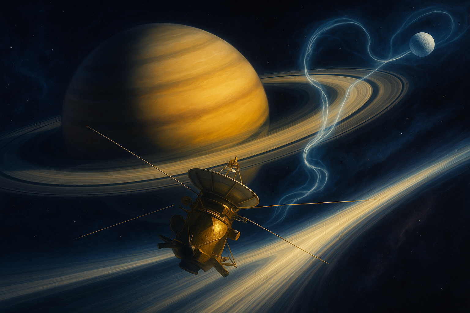 Cassini spacecraft diving between Saturn and its rings during the Grand Finale mission, with plasma waves visualized as streams of light connecting Saturn to Enceladus