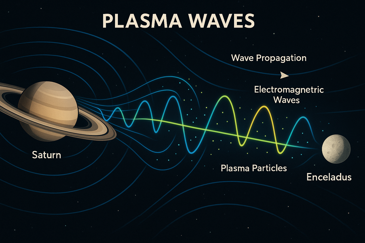 Scientific diagram showing how plasma waves propagate between Saturn and Enceladus along magnetic field lines