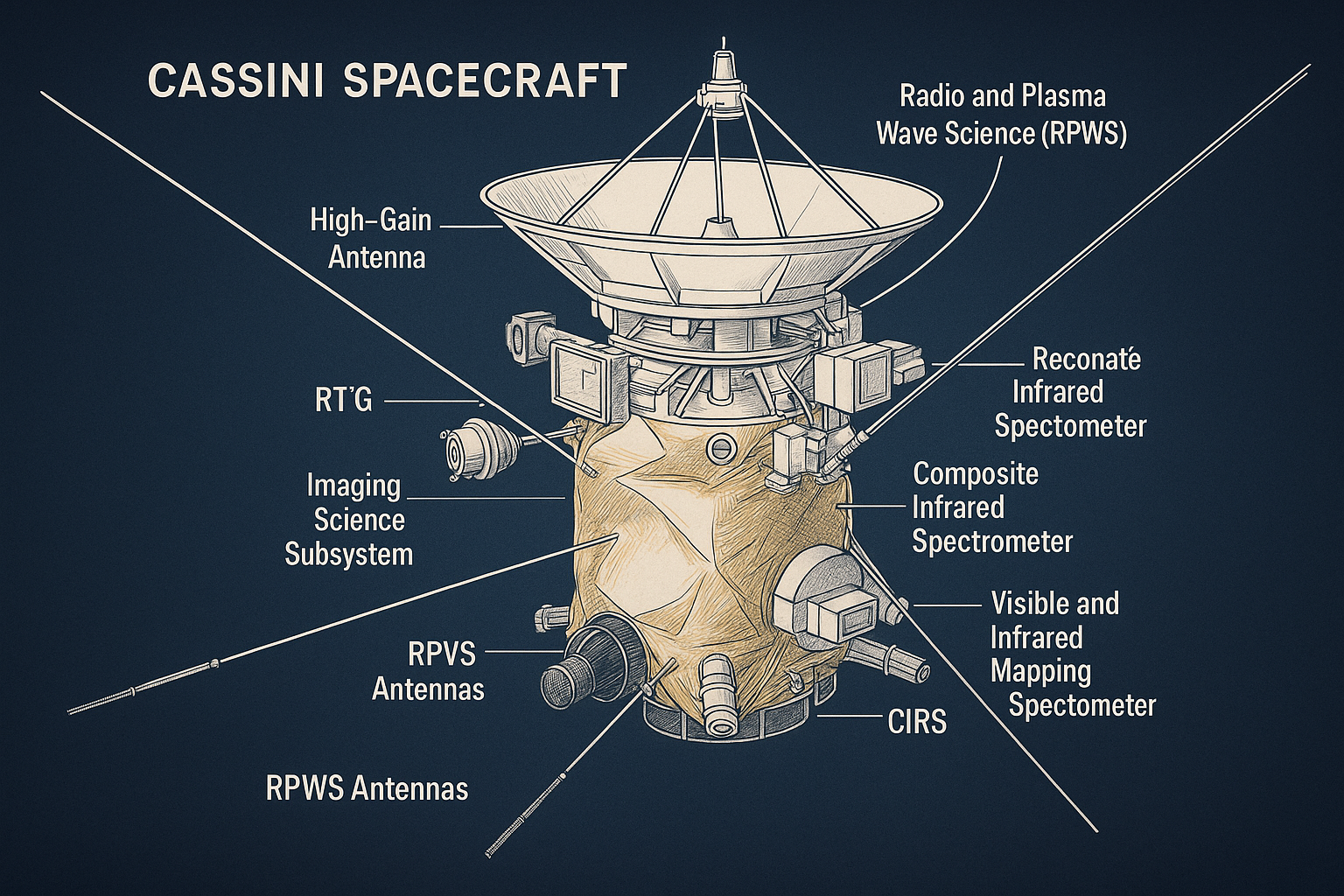 Technical diagram of the Cassini spacecraft showing its scientific instruments, with the RPWS antennas highlighted