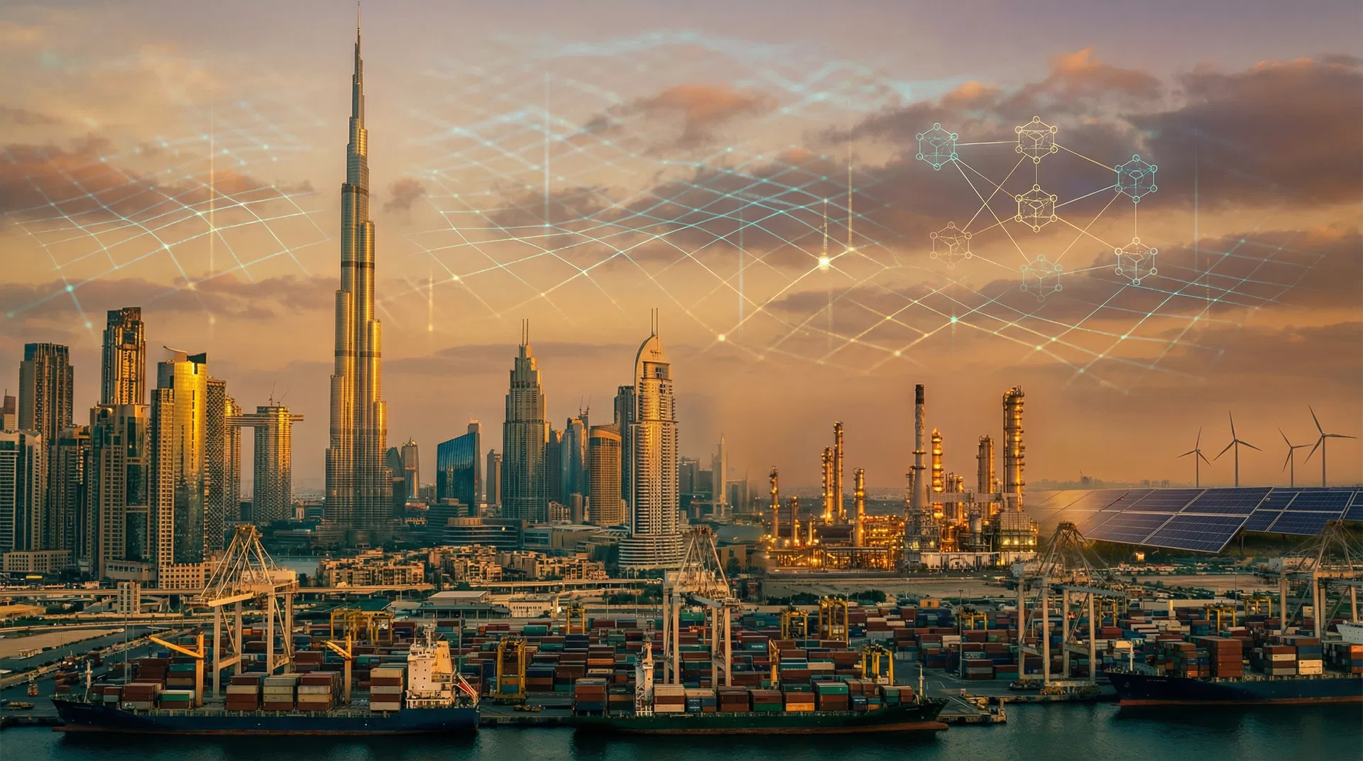 Dubai skyline with container port, oil refineries, solar panels, wind turbines, and digital blockchain network overlay representing UAE investment sectors