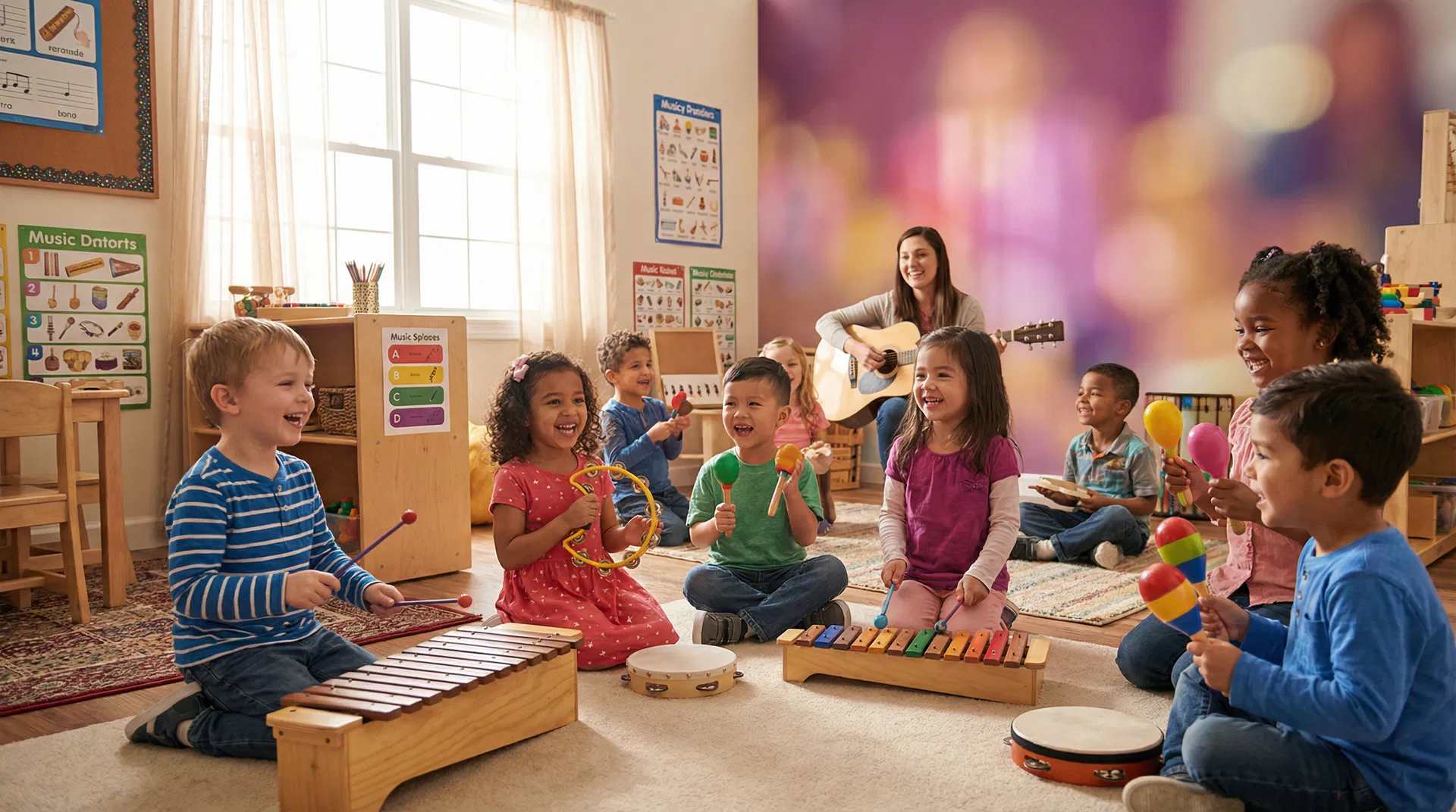 Aula de musicalização infantil com crianças tocando instrumentos musicais — Aulas Criativas com Música