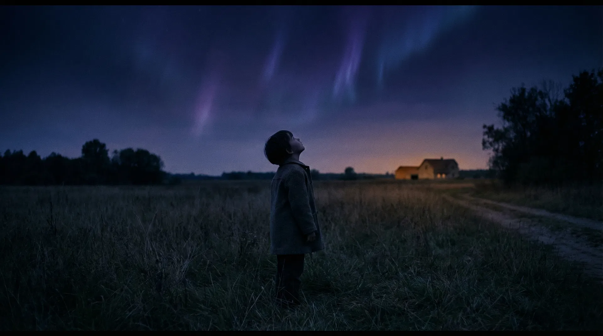 Child looking up at an indigo twilight sky