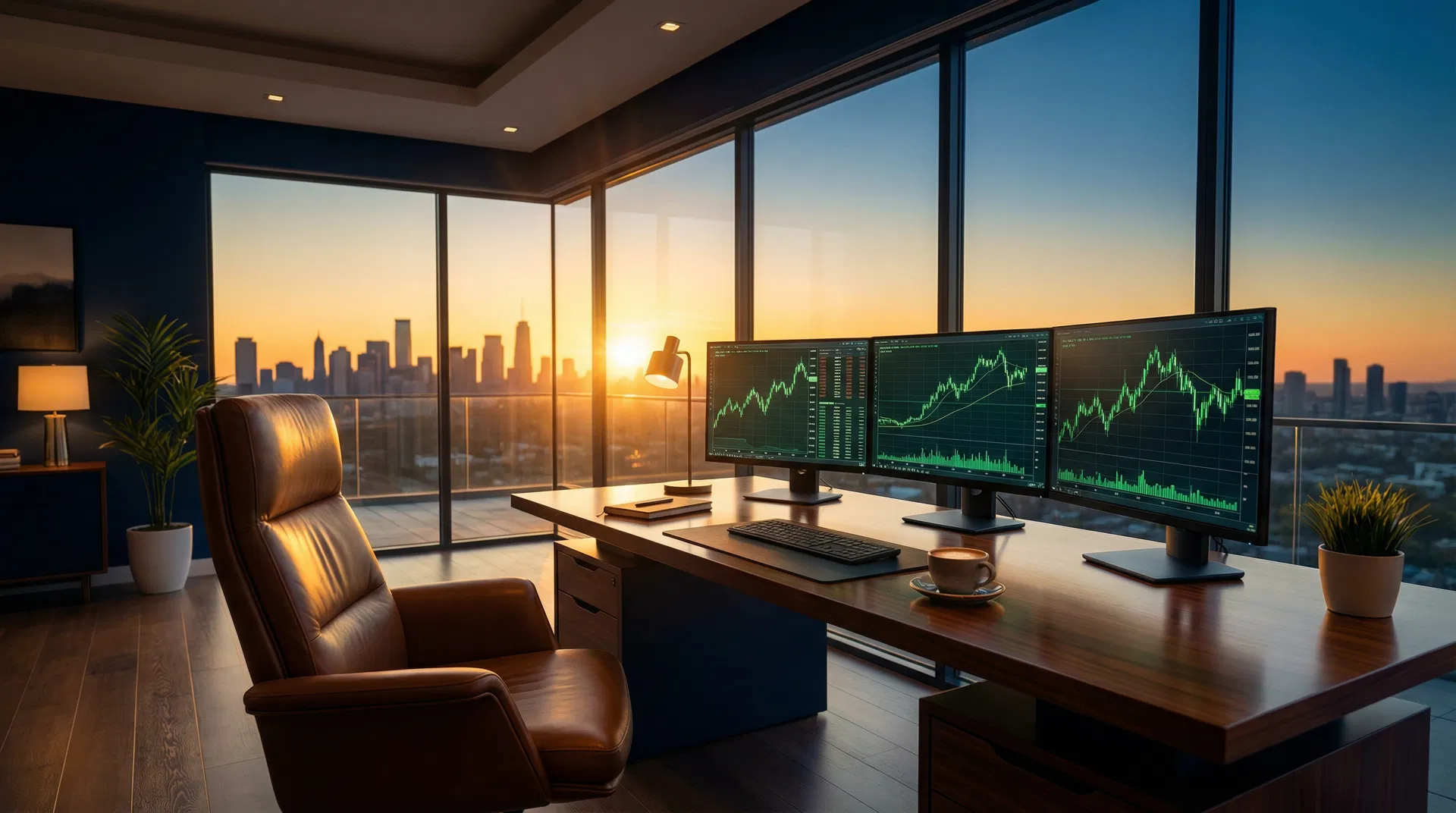 Modern trading workspace at golden hour