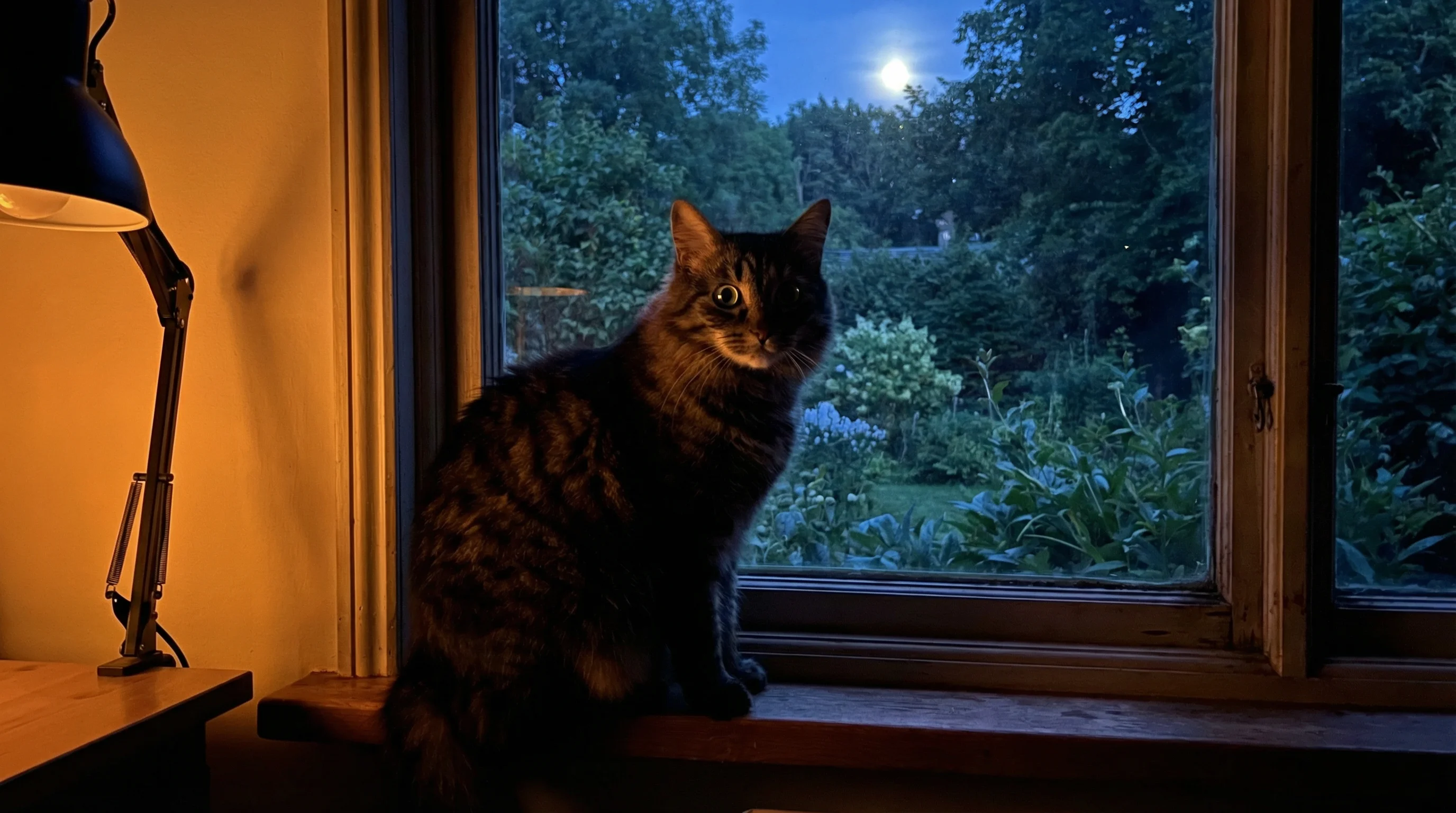 A cat wide awake and alert at night, sitting on a windowsill looking out at a moonlit garden