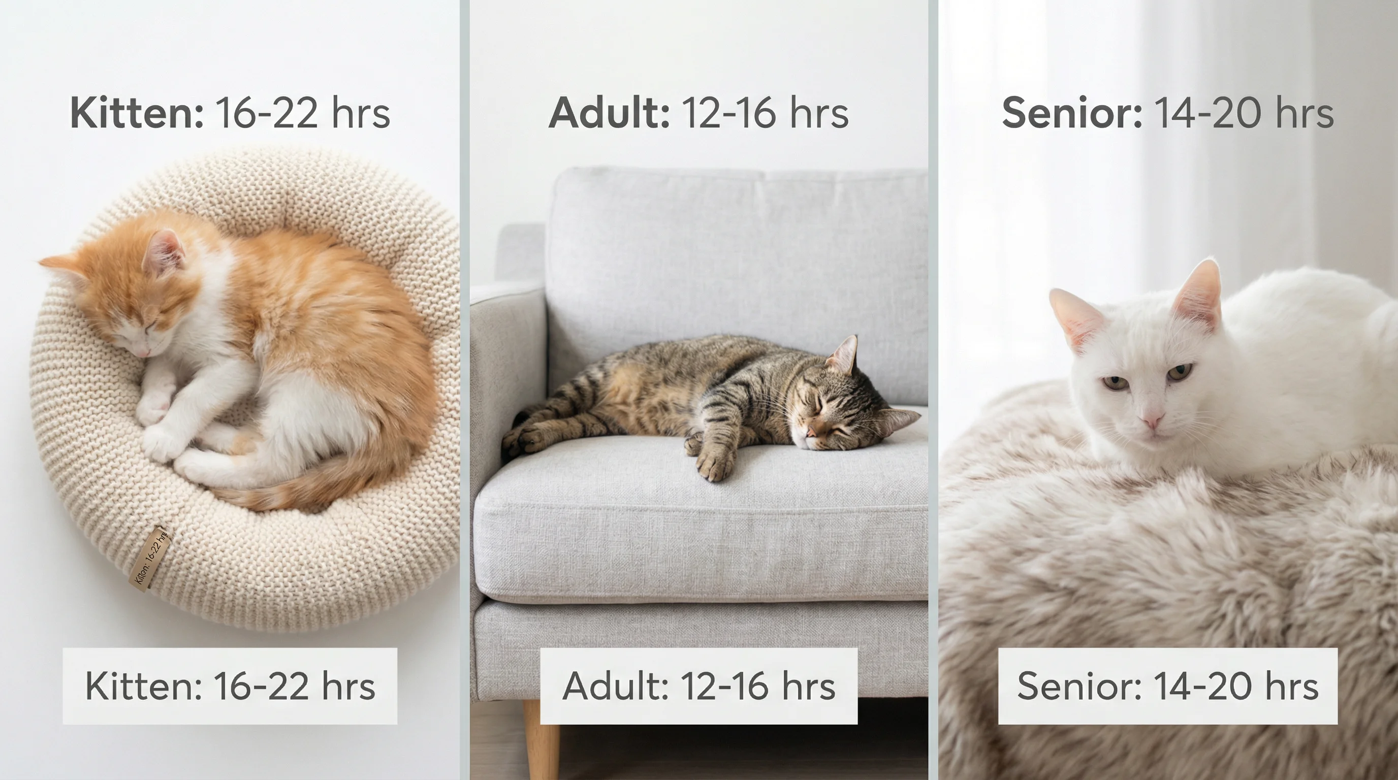 Three cats at different life stages shown side by side in a clean editorial style