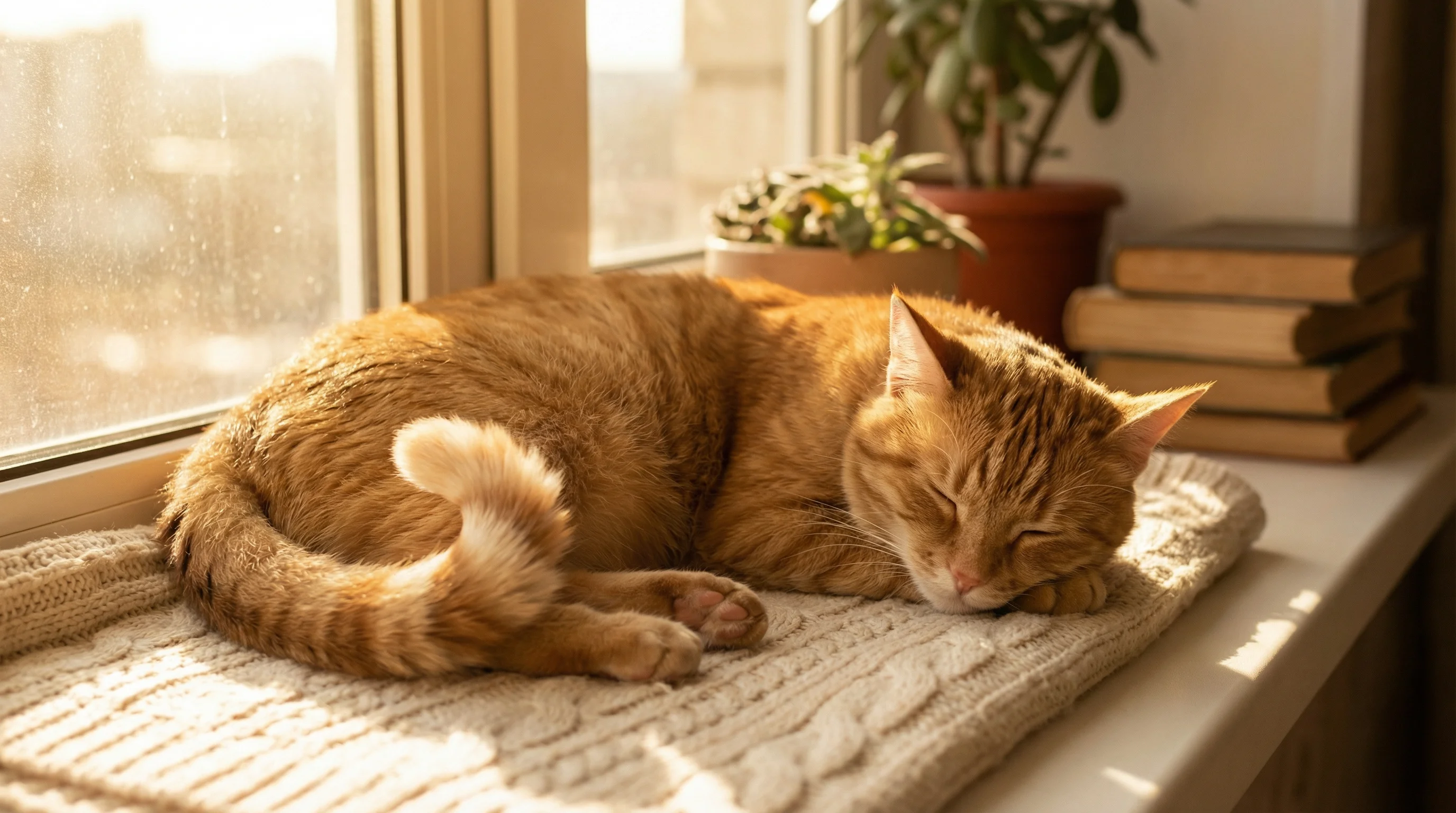 A beautiful orange tabby cat sleeping peacefully on a soft cream-colored blanket near a sunny window