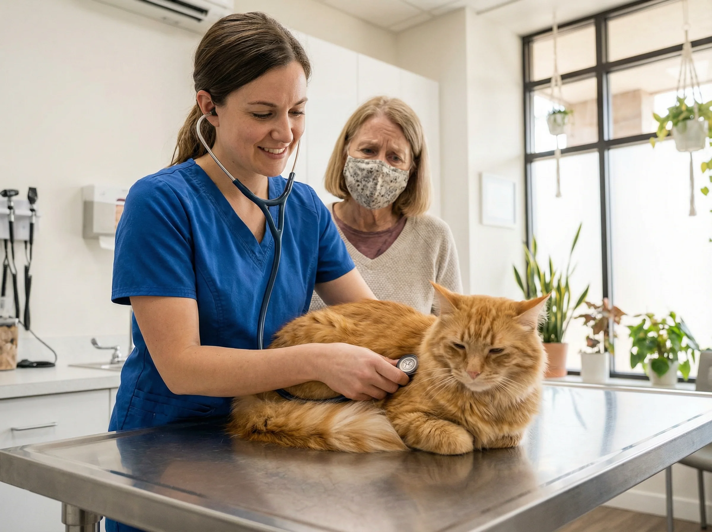 A caring veterinarian gently examining a sleepy-looking cat on an examination table