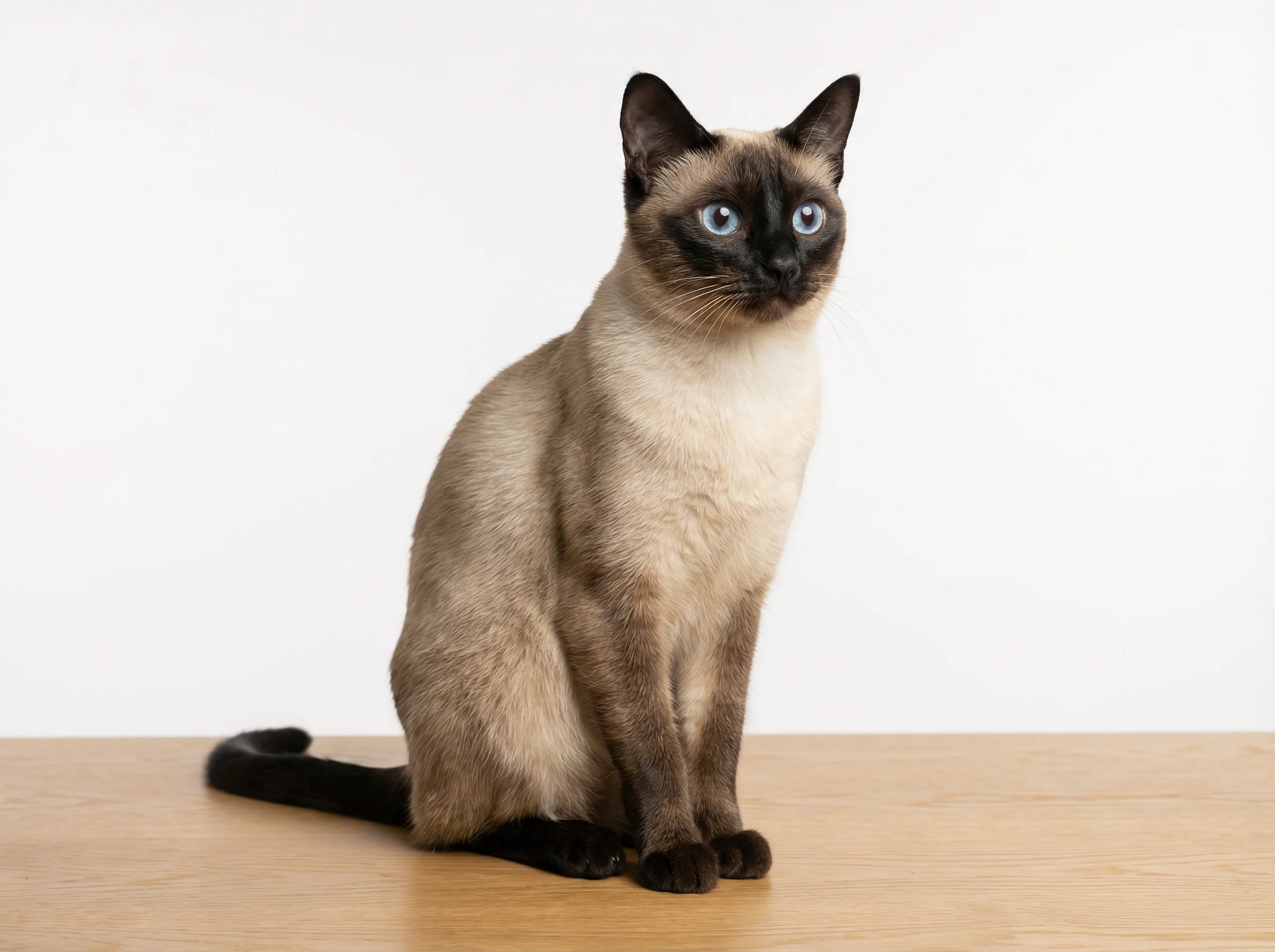 A beautiful, elegant Siamese cat with striking blue eyes and classic seal-point coloring, sitting upright in a dignified pose