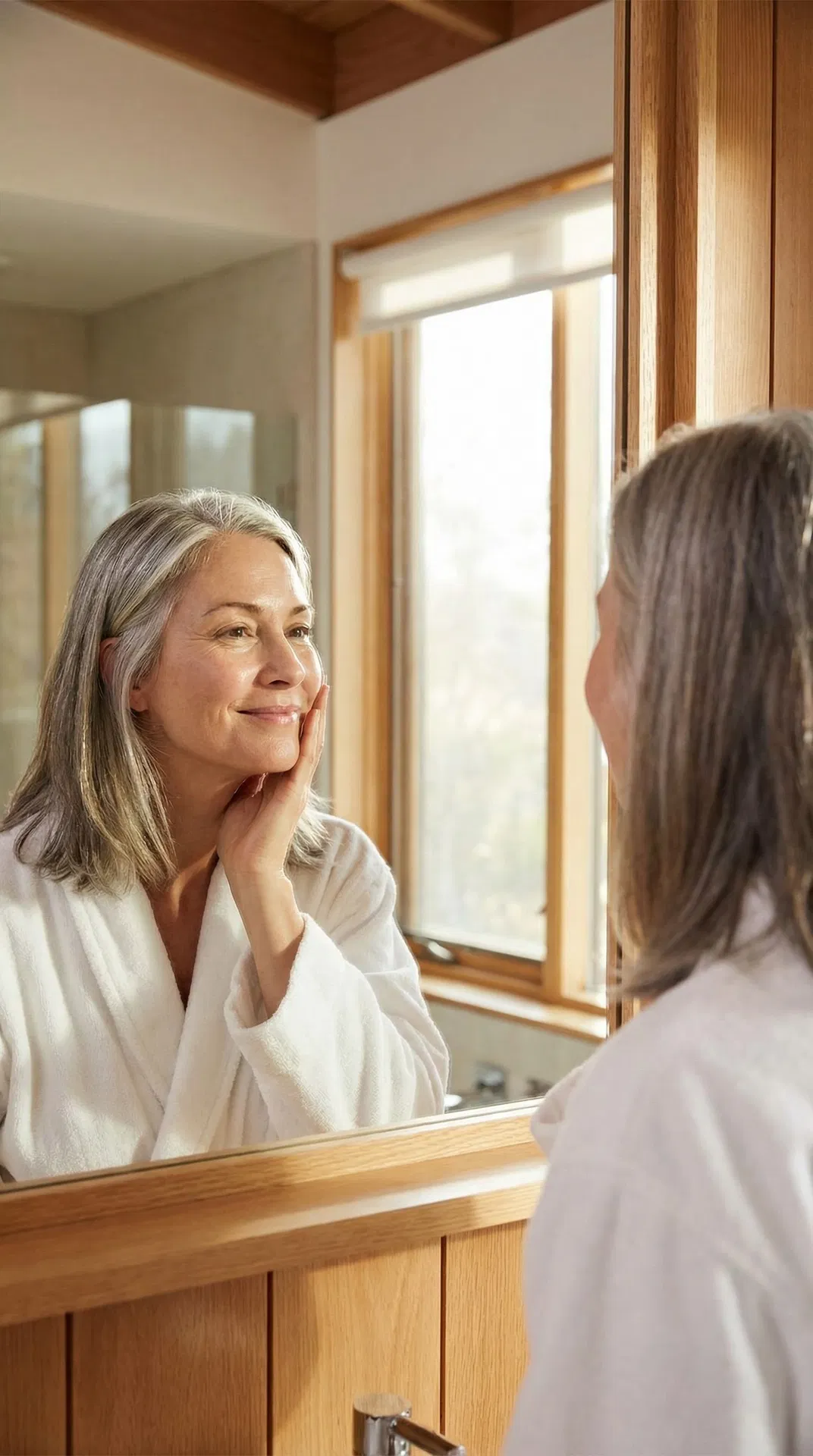 A confident woman looking at herself in the mirror with satisfaction