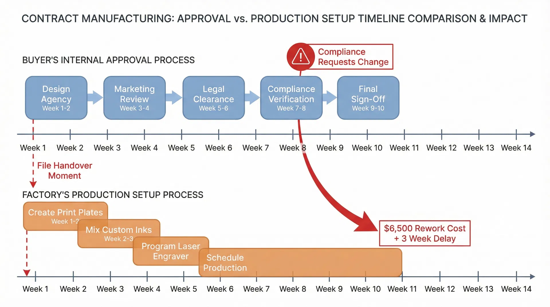 Timeline comparison showing buyer's 10-week internal approval process running parallel to factory's production setup that begins immediately upon file receipt