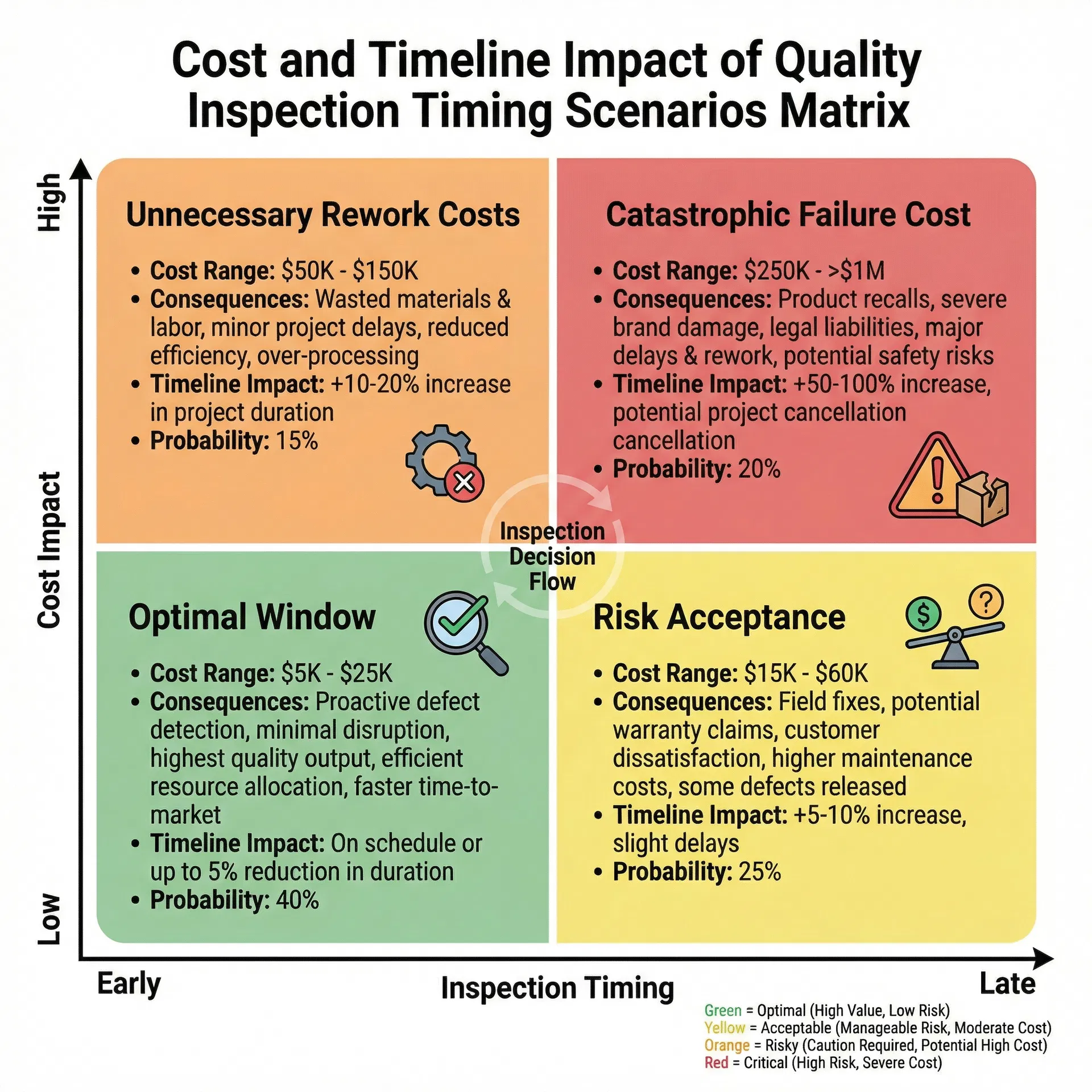 2x2 matrix showing cost and timeline impact of inspection timing scenarios: Early+High Cost (Unnecessary Rework), Late+High Cost (Catastrophic Failure), Early+Low Cost (Optimal Window), Late+Low Cost (Risk Acceptance)