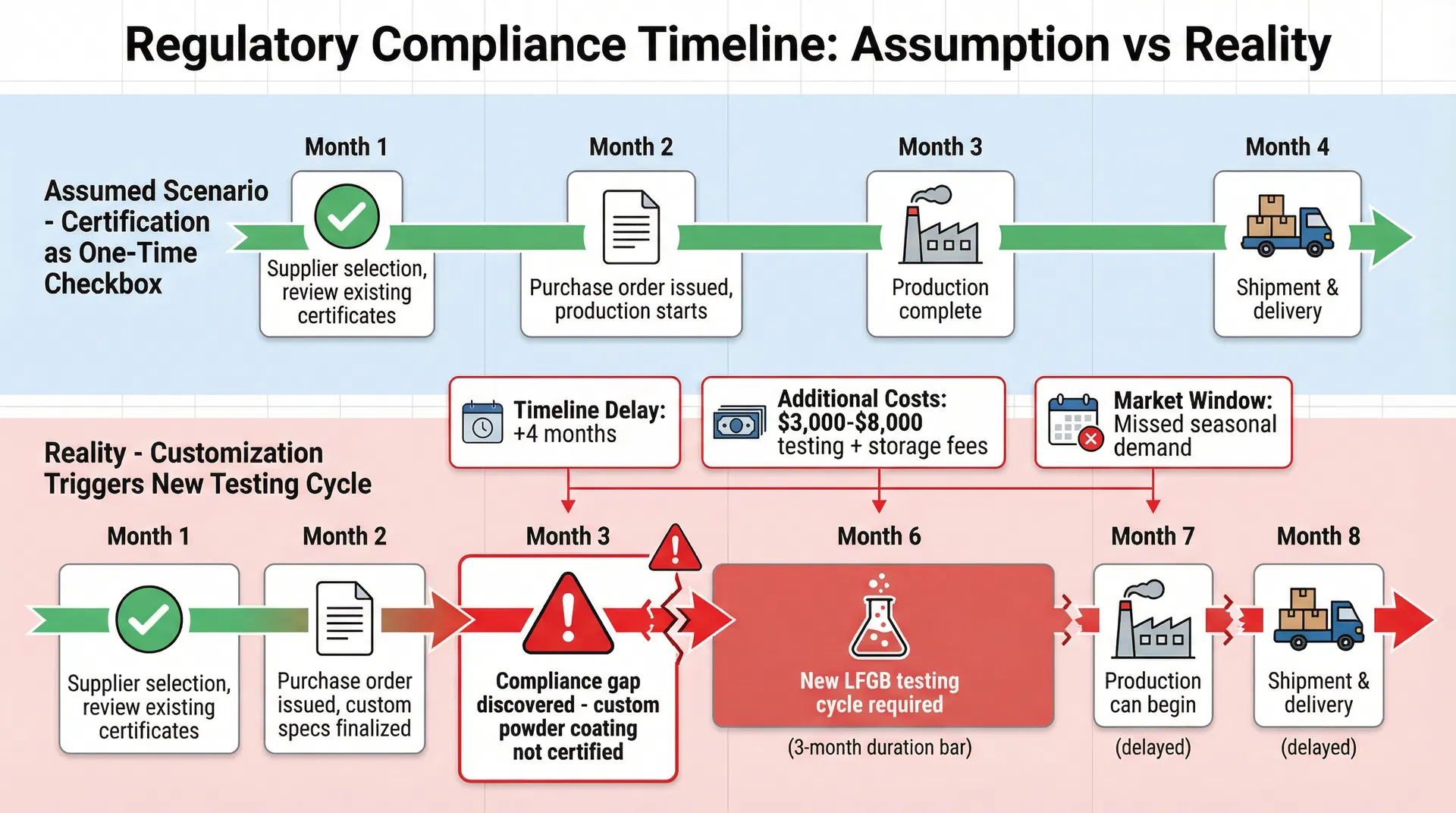 Timeline comparison showing assumed scenario versus reality when customization triggers new regulatory testing cycles in drinkware production