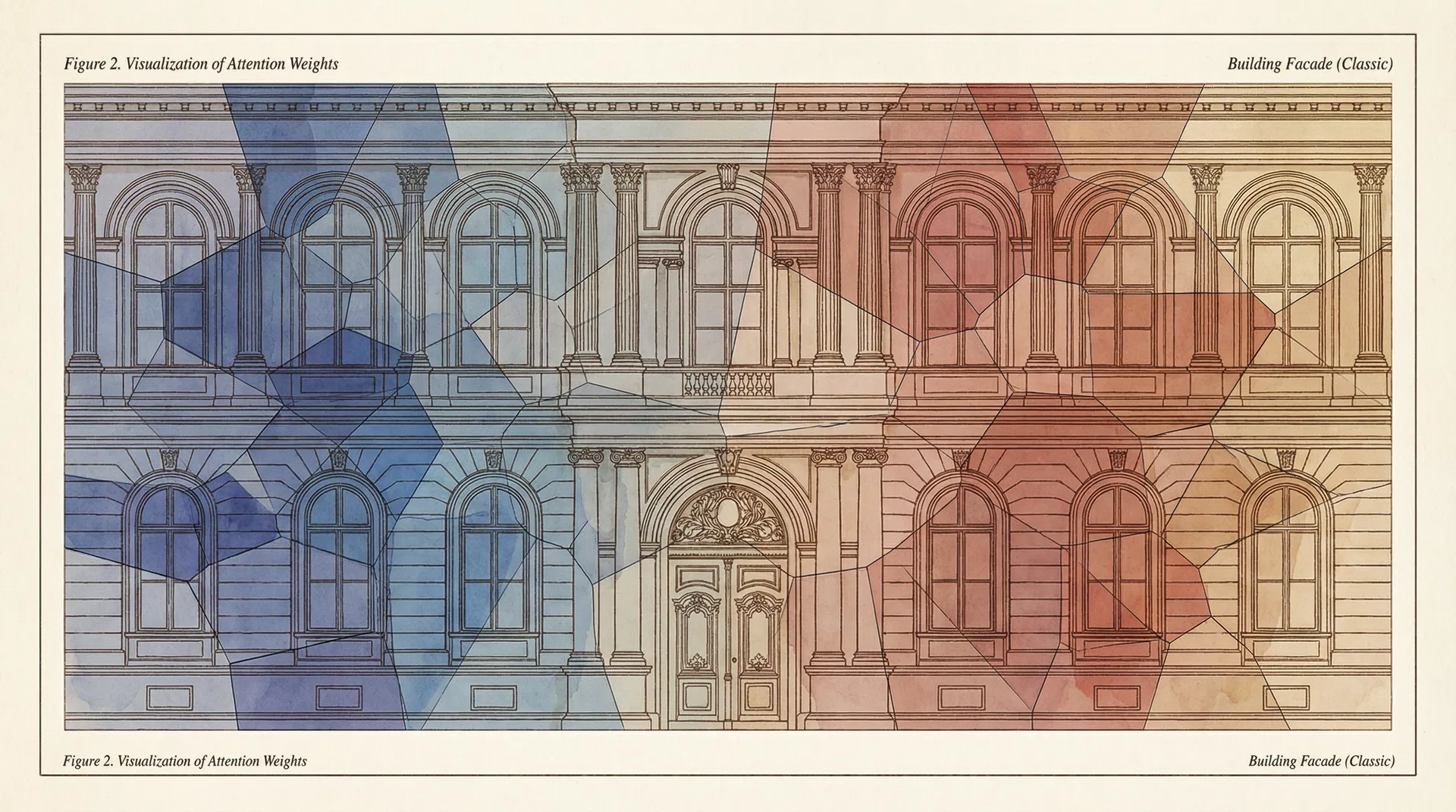 Conceptual illustration of Weighted Voronoi tessellation overlaid on a building façade, with cell colours indicating attention weight.