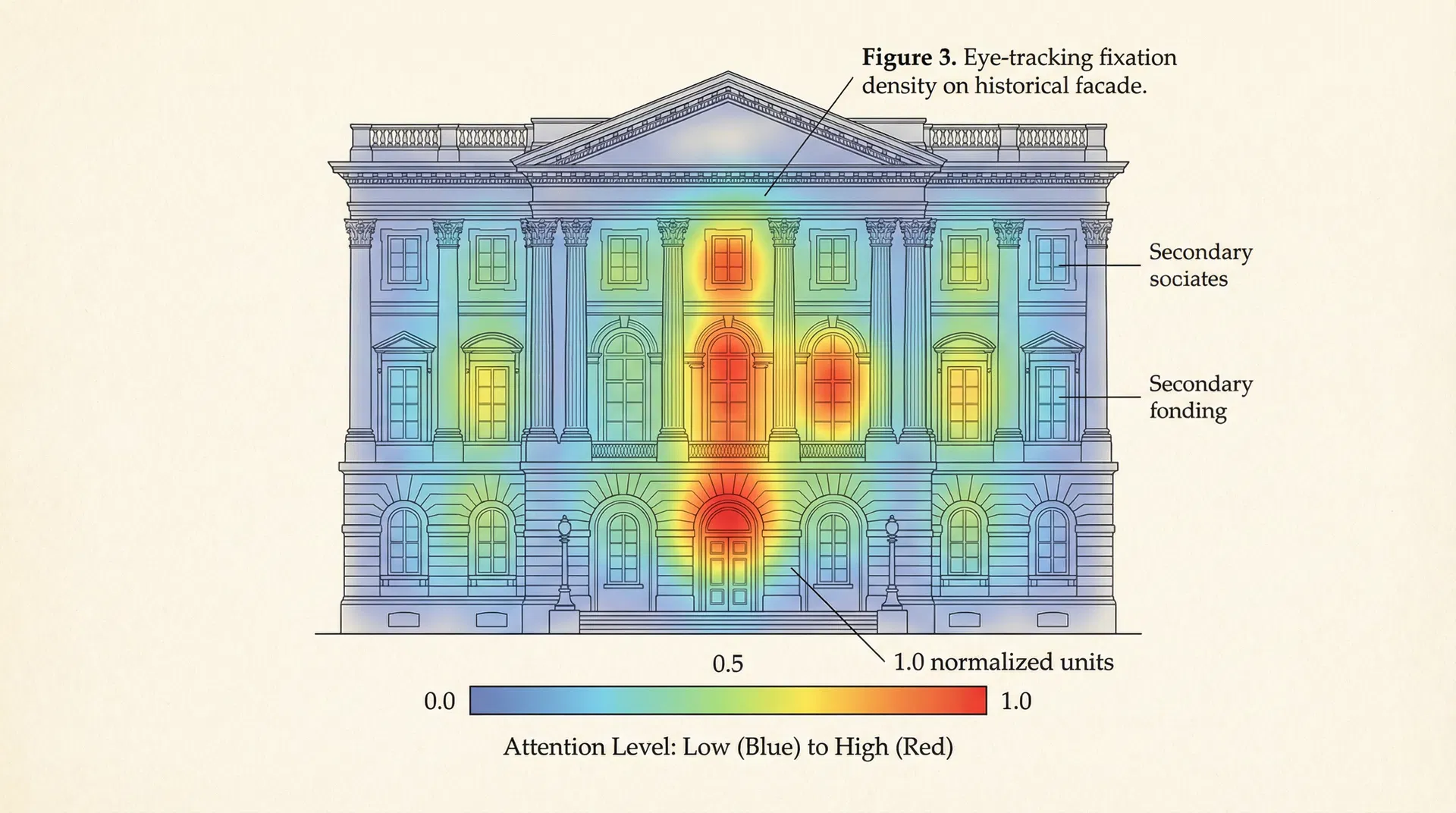 Illustrative group attention heatmap showing fixation density on a classical façade. Hot regions (red–yellow) indicate concentrated collective attention.