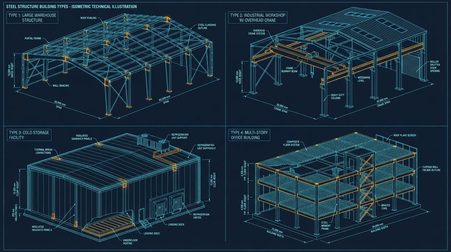 Steel structure building types - technical illustration
