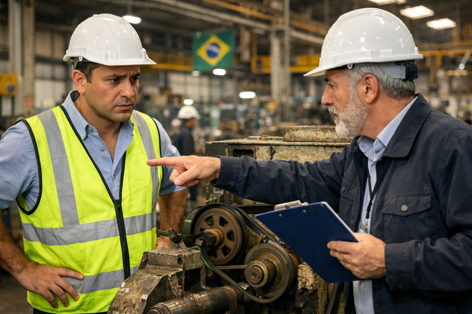 Gerente de fábrica em conversa tensa com inspetor que aponta para máquina sem proteção adequada