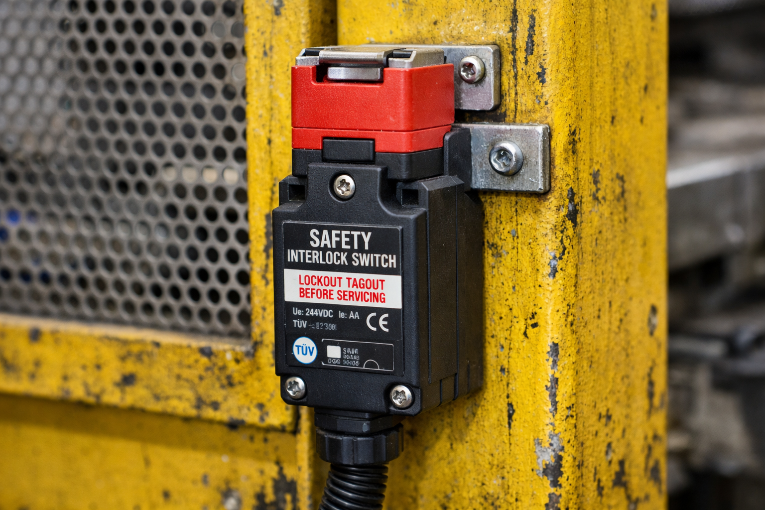 Detalhe de um intertravamento de segurança moderno instalado em uma proteção amarela de máquina, conforme NR-12