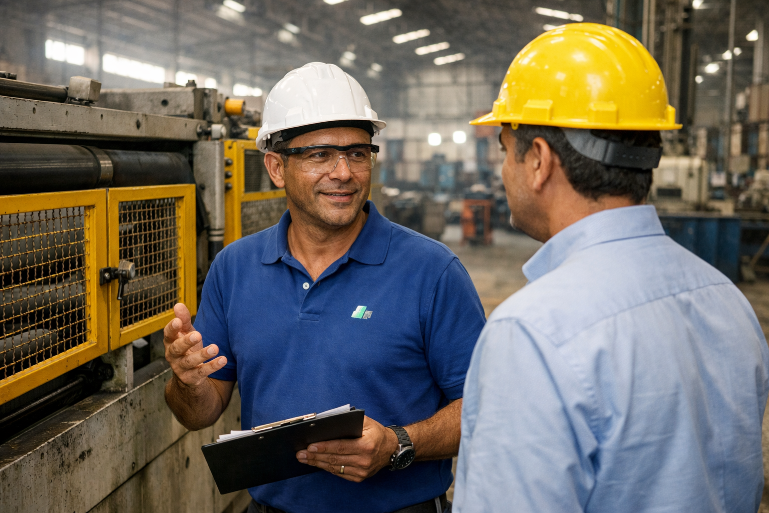 Engenheiro em conversa com gerente de fábrica ao lado de máquina industrial com proteções de segurança