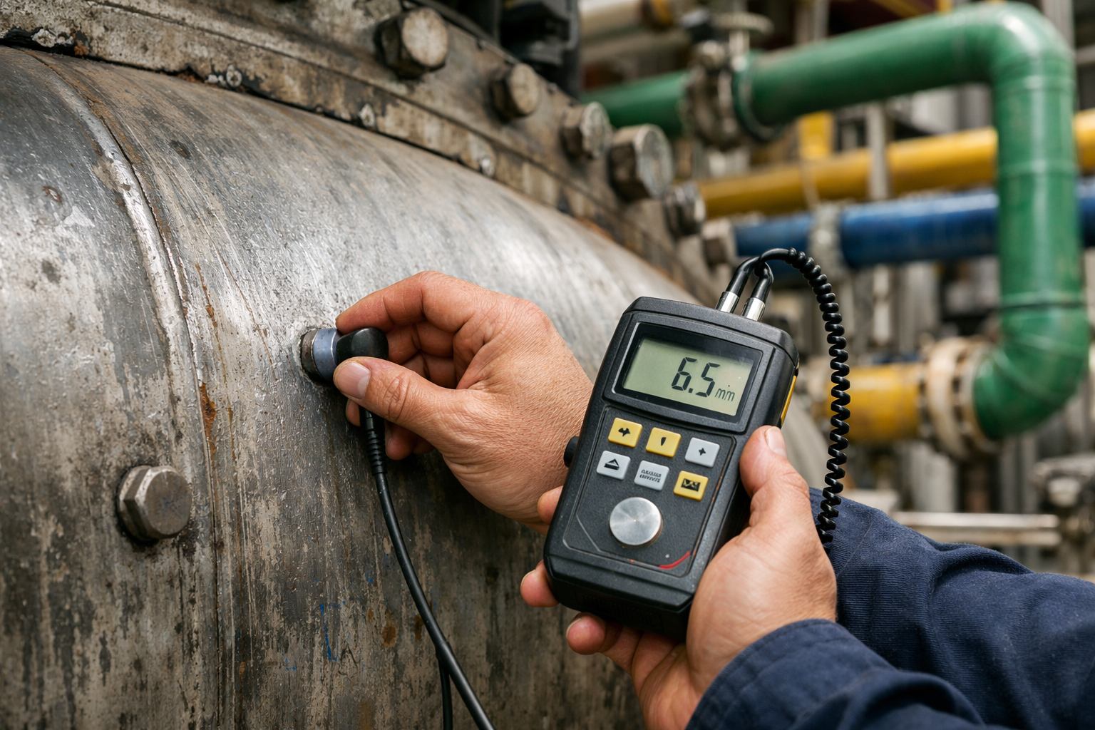 Técnico realizando inspeção em vaso de pressão com medidor de espessura ultrassônico
