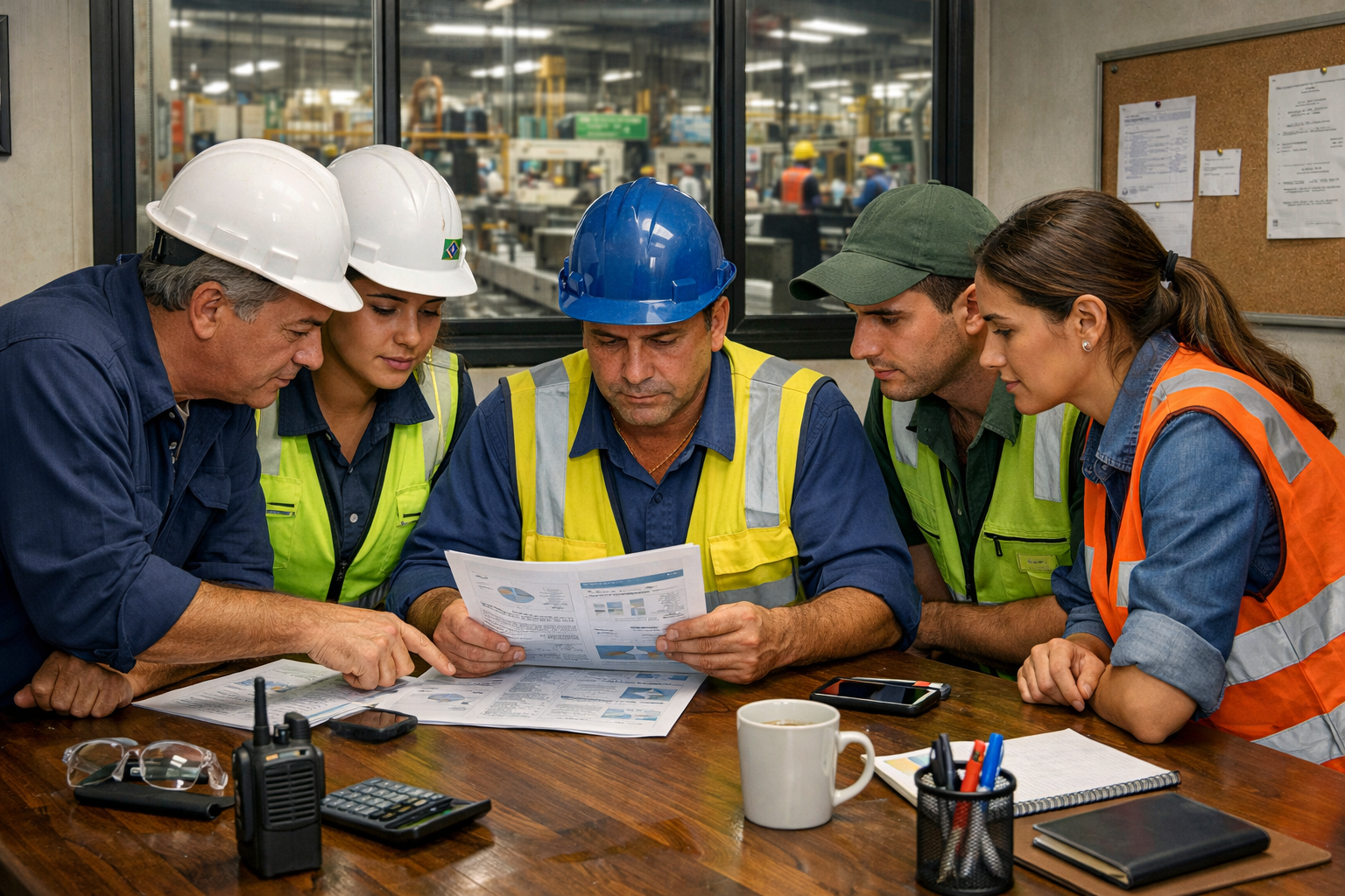 Equipe industrial reunida em escritório simples analisando um relatório técnico