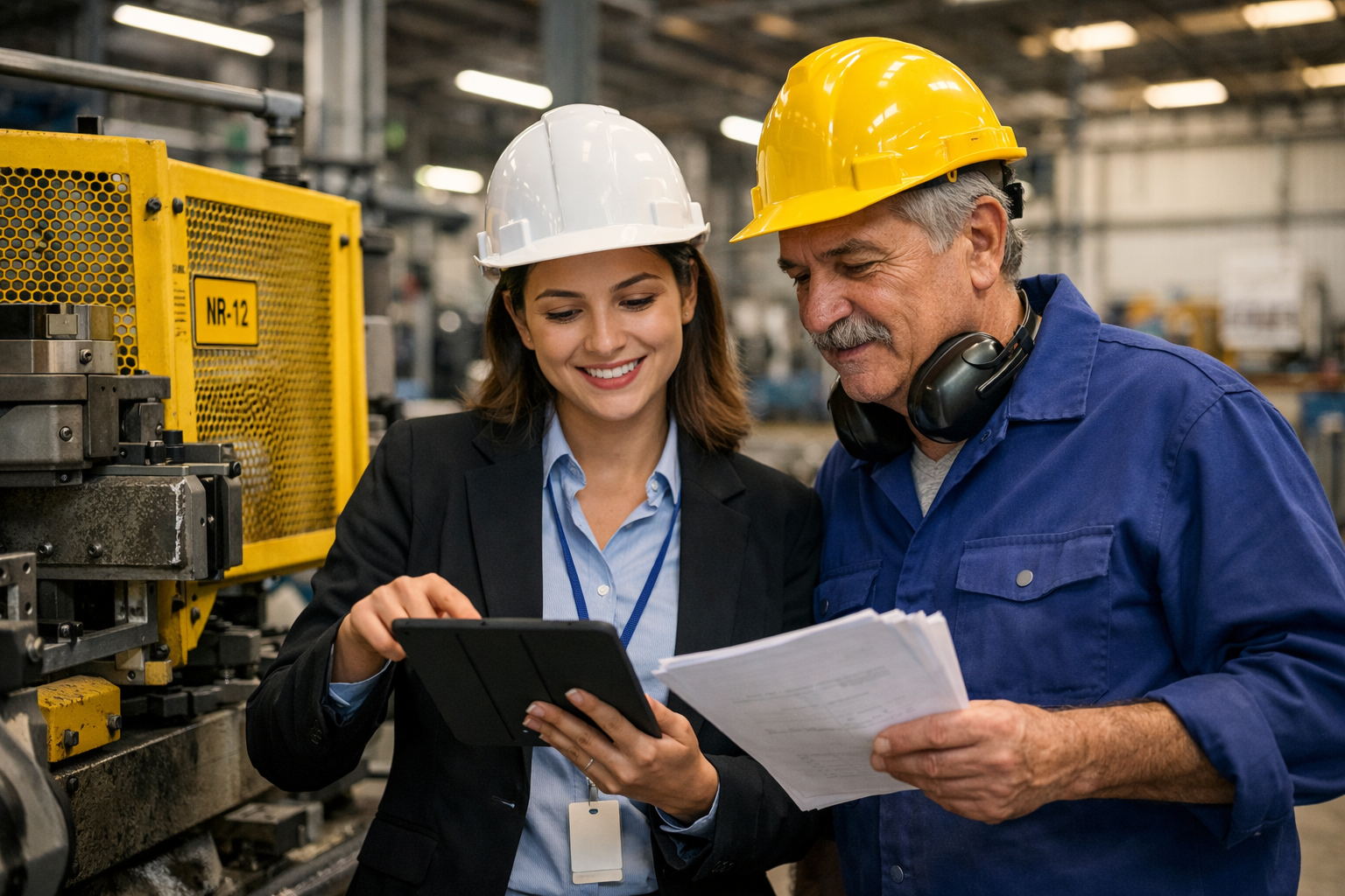 Engenheira e técnico em frente a uma máquina com proteções NR-12, analisando documentos em um tablet