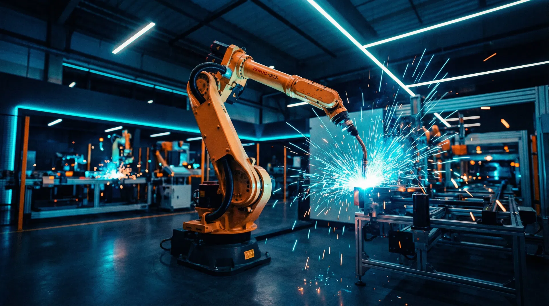 Industrial robotic arm welding with cyan sparks