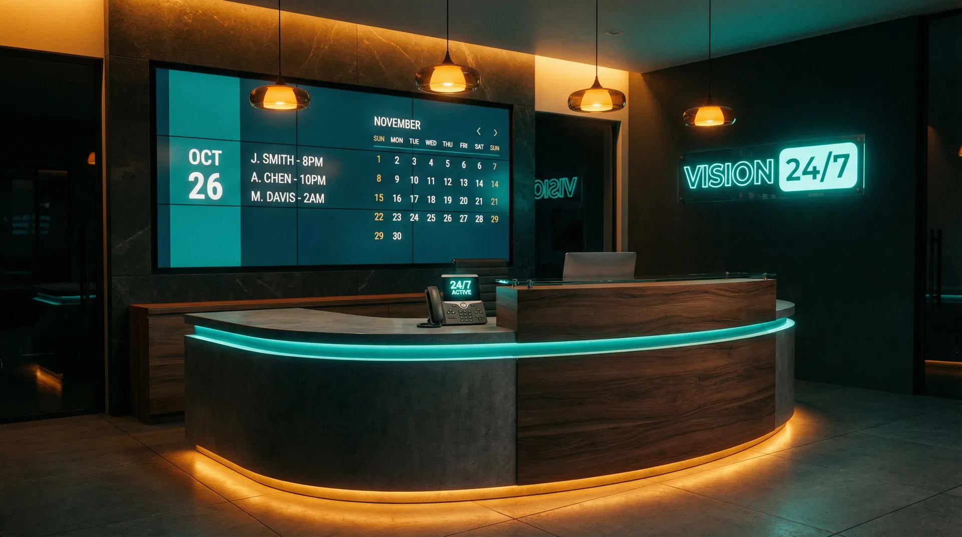 Modern eye care reception desk at night