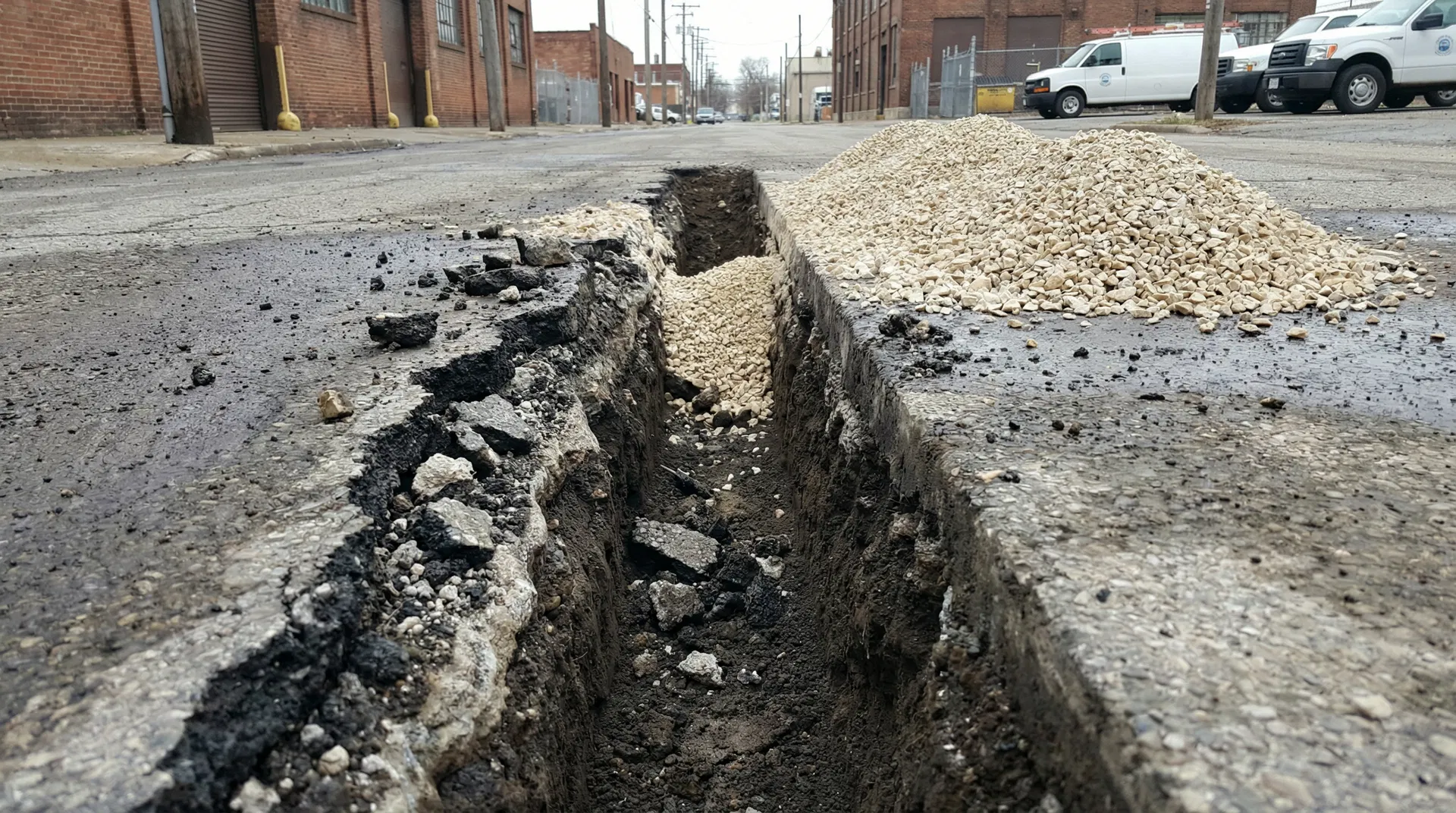 Narrow slot trench hydrovac excavation in urban Kansas City corridor