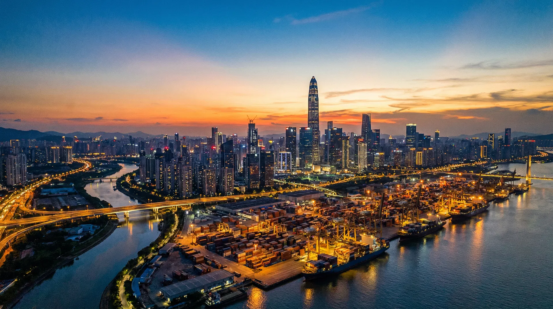 Shenzhen skyline and port at twilight