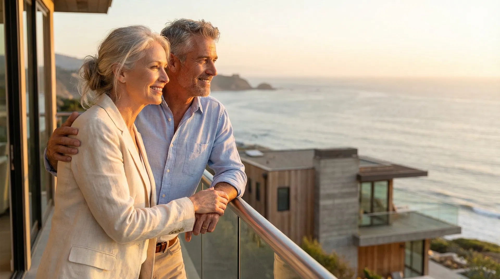 Happy couple enjoying ocean view from their new home