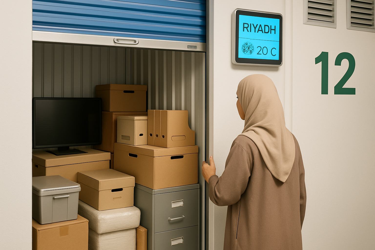 A person (could be male or female, dressed in modest, modern attire) accessing their climate-controlled storage unit in Riyadh, with a focus on the interior of the unit showing well-packed items like electronics, documents, and furniture. The background should hint at the advanced climate control system. Style: realistic, accessible, organized.