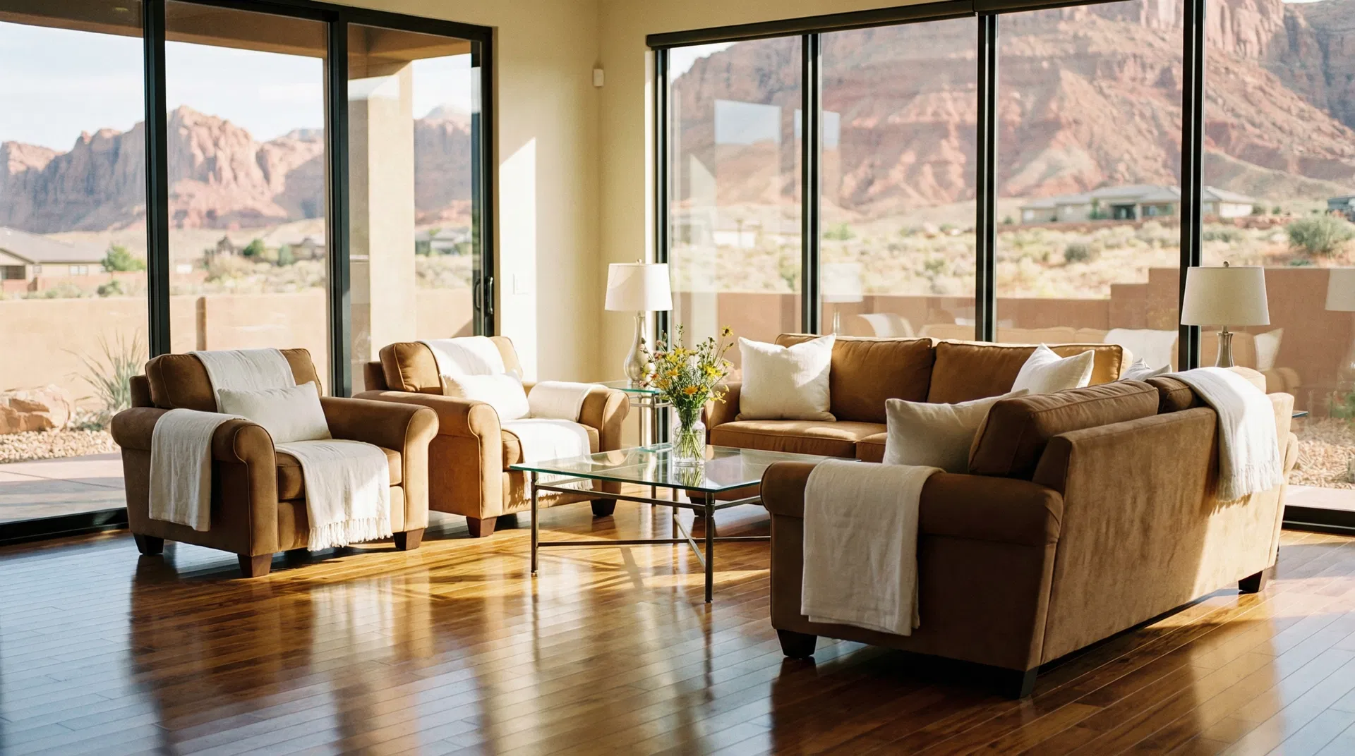 Clean living room with St. George red rock views