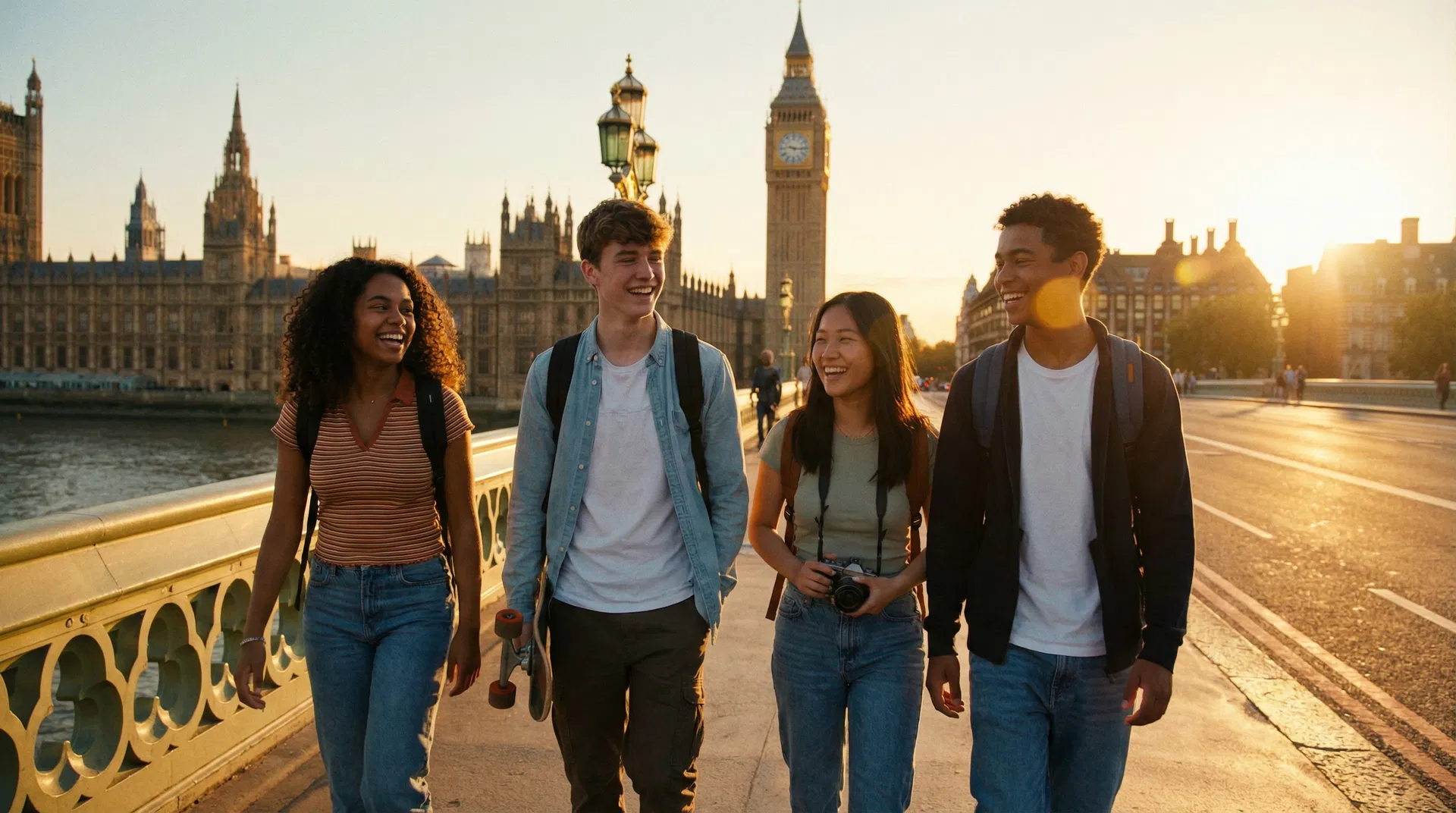 Jovens em Londres com Big Ben ao fundo