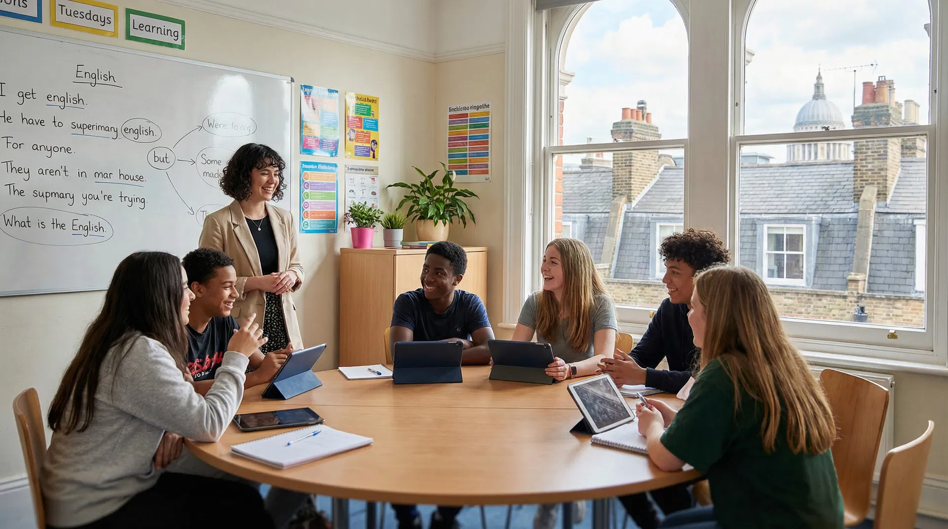 Sala de aula moderna com alunos internacionais