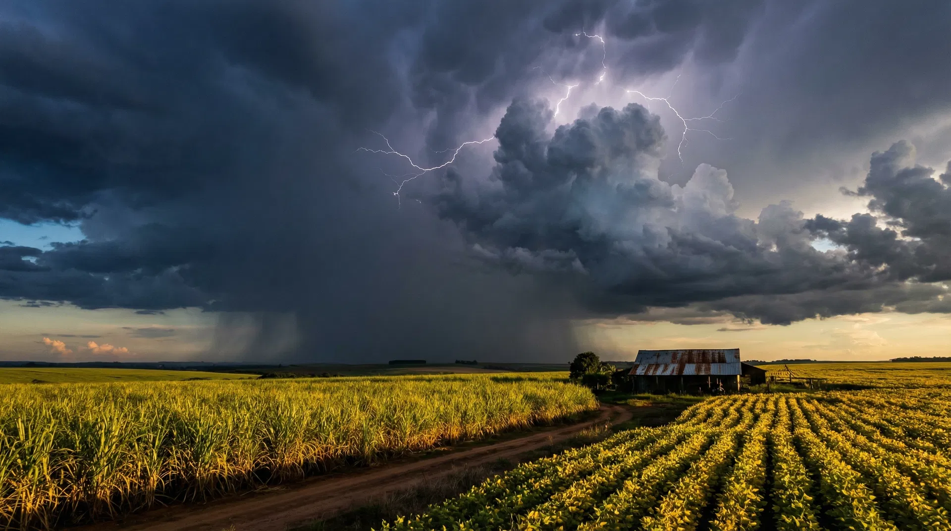Tempestade se aproximando de campos agrícolas