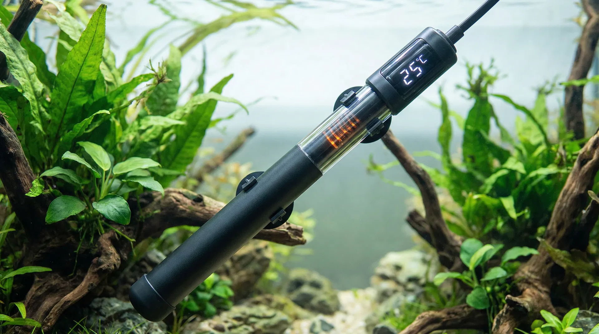 Moderner Aquarium-Heizstab mit digitalem Display im bepflanzten Aquarium