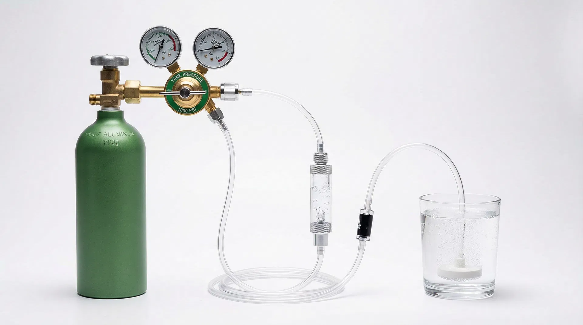 Komplette CO2-Druckgasanlage mit Flasche, Druckminderer, Blasenzähler und Rückschlagventil