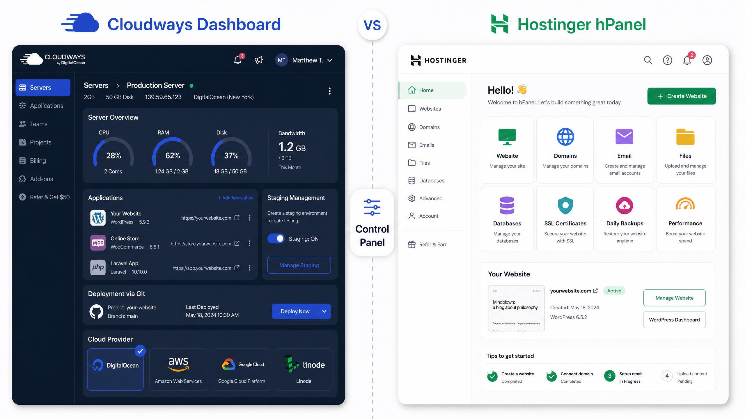 Side-by-side comparison of Cloudways technical dashboard and Hostinger's beginner-friendly hPanel.