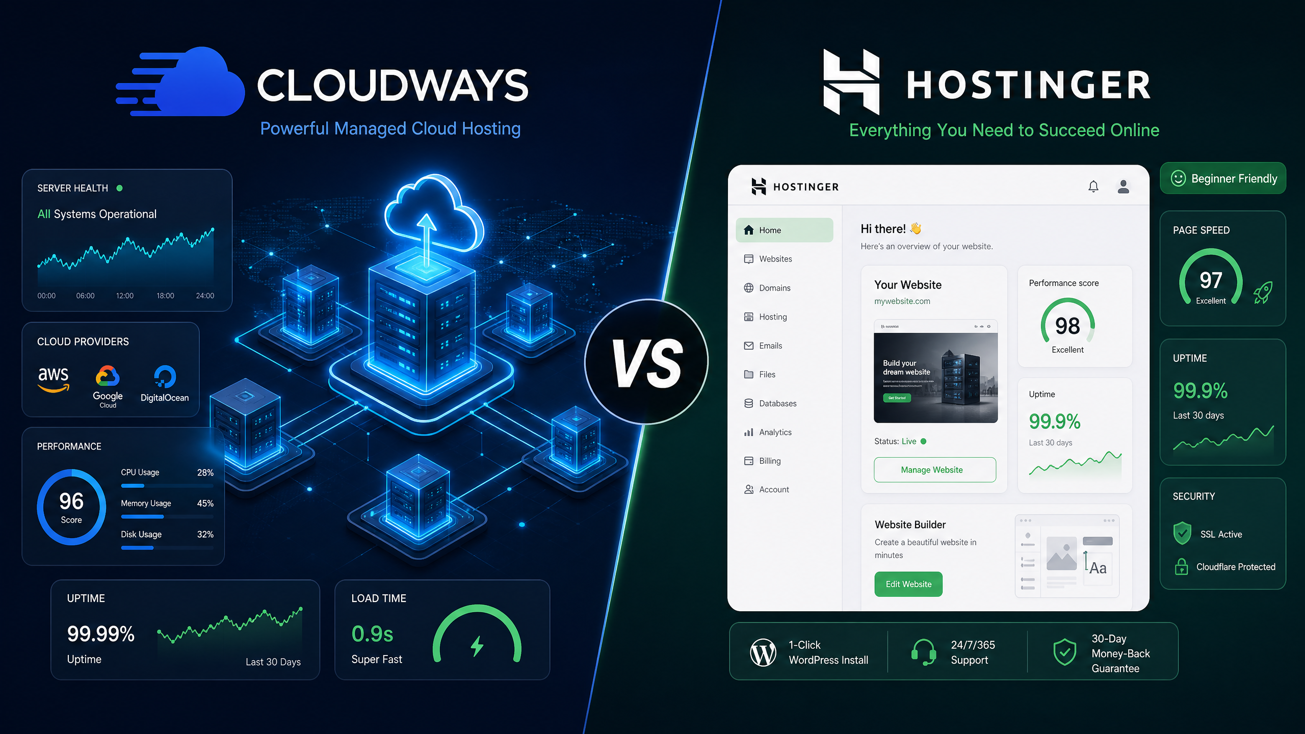 Cloudways vs Hostinger comparison showing cloud infrastructure versus beginner-friendly dashboard.