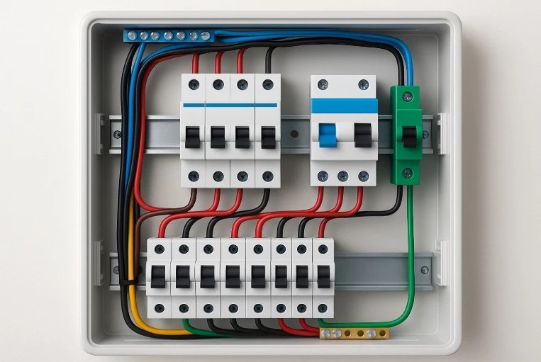 Quadro de disjuntores residencial organizado e seguro.