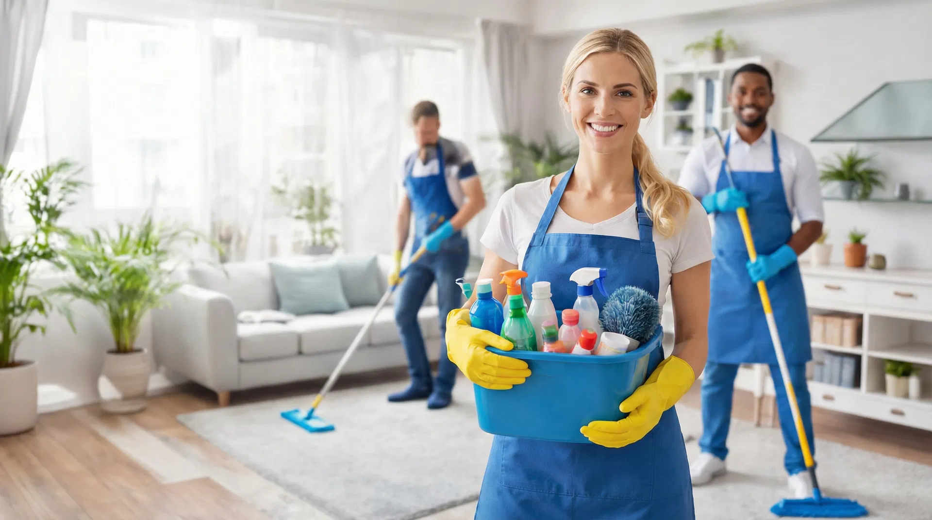 Professional cleaning team in Hutchinson Kansas - smiling cleaners with supplies ready to serve