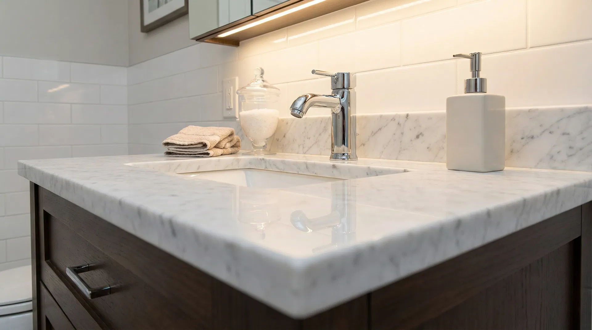 Marmor-Waschtisch nach professioneller Reinigung und Politur